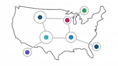 The Logo of the USAVRCN shaped like an outline of the land area of the United Stages.